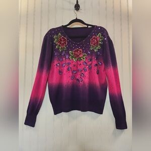NEW Women's Purple Pink Ombre Beaded Sequin Floral V Neck Sweater Size M Glam
